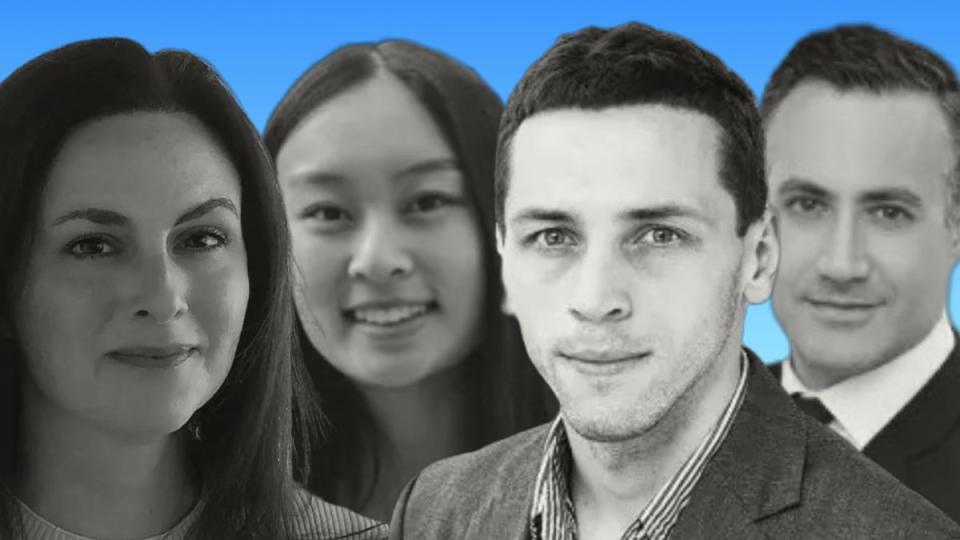 Black and white headshots of two men and two women on a blue background