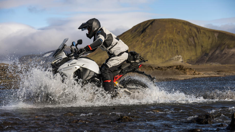 A motorcyclist participating in the Dainese Expedition Masters Iceland tour.