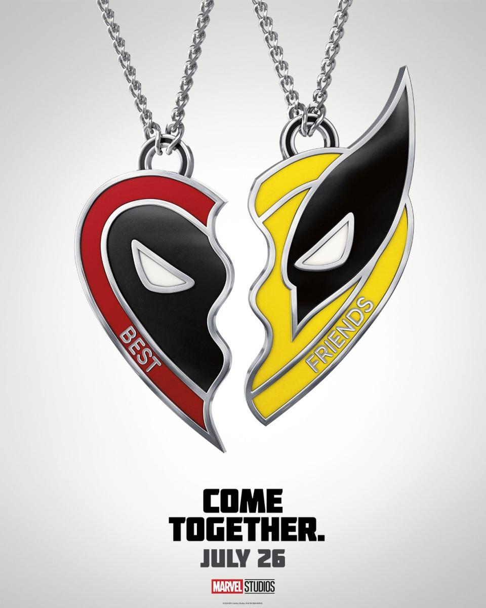 full poster for Deadpool & Wolverine movie with a friendship heart locket with character masks on it and words best friends