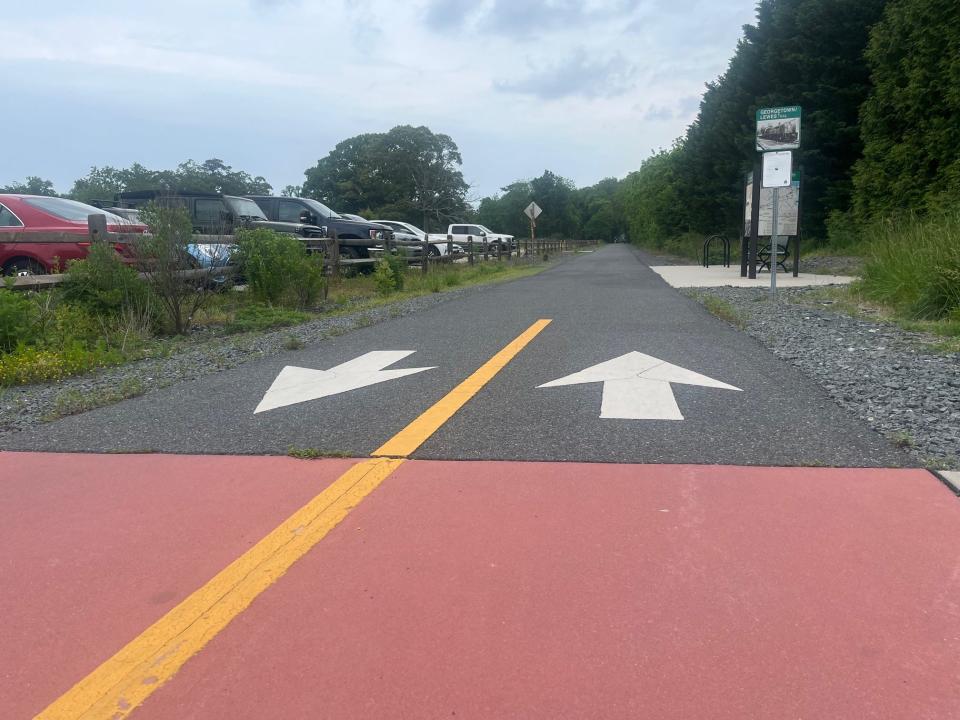 When completed, the Georgetown-Lewes bicycle trail will travel the 17 miles between its namesake towns.. Picutred here is the trail near Beach Time Distilling in Lewes on March 13, 2023.