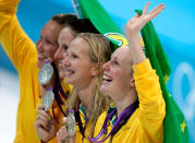 LONDON, ENGLAND - AUGUST 01: (L-R) Kylie Palmer, Alicia Coutts, Melanie Schlanger and Bronte Barratt of Australia pose with their silver medals following the medal ceremony for the Women's 4x200m Freestyle Relay on Day 5 of the London 2012 Olympic Games at the Aquatics Centre on August 1, 2012 in London, England. (Photo by Adam Pretty/Getty Images)