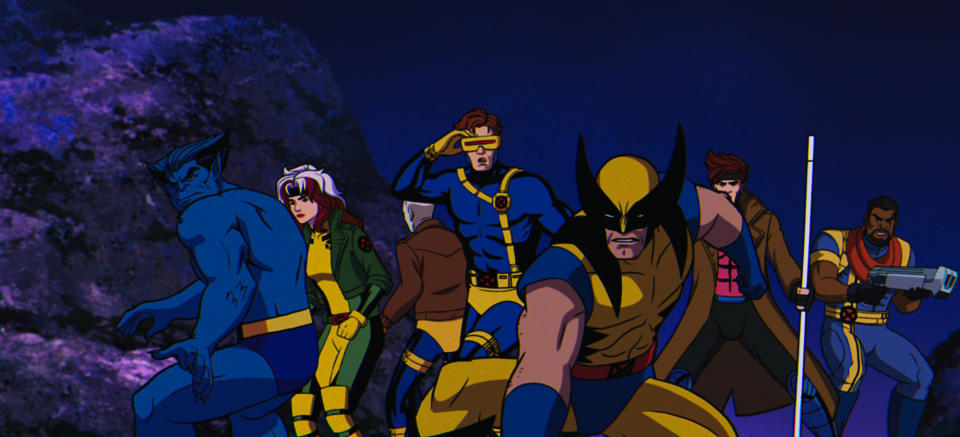 Beast (George Buza), Rogue (Lenore Zann), Morph (JP Karliak), Cyclops (Ray Chase), Wolverine (Cal Dodd), Gambit (AJ LoCascio), and Bishop (Isaac Robinson-Smith)  in X-Men '97. (Image: Disney+ & Marvel Animation)