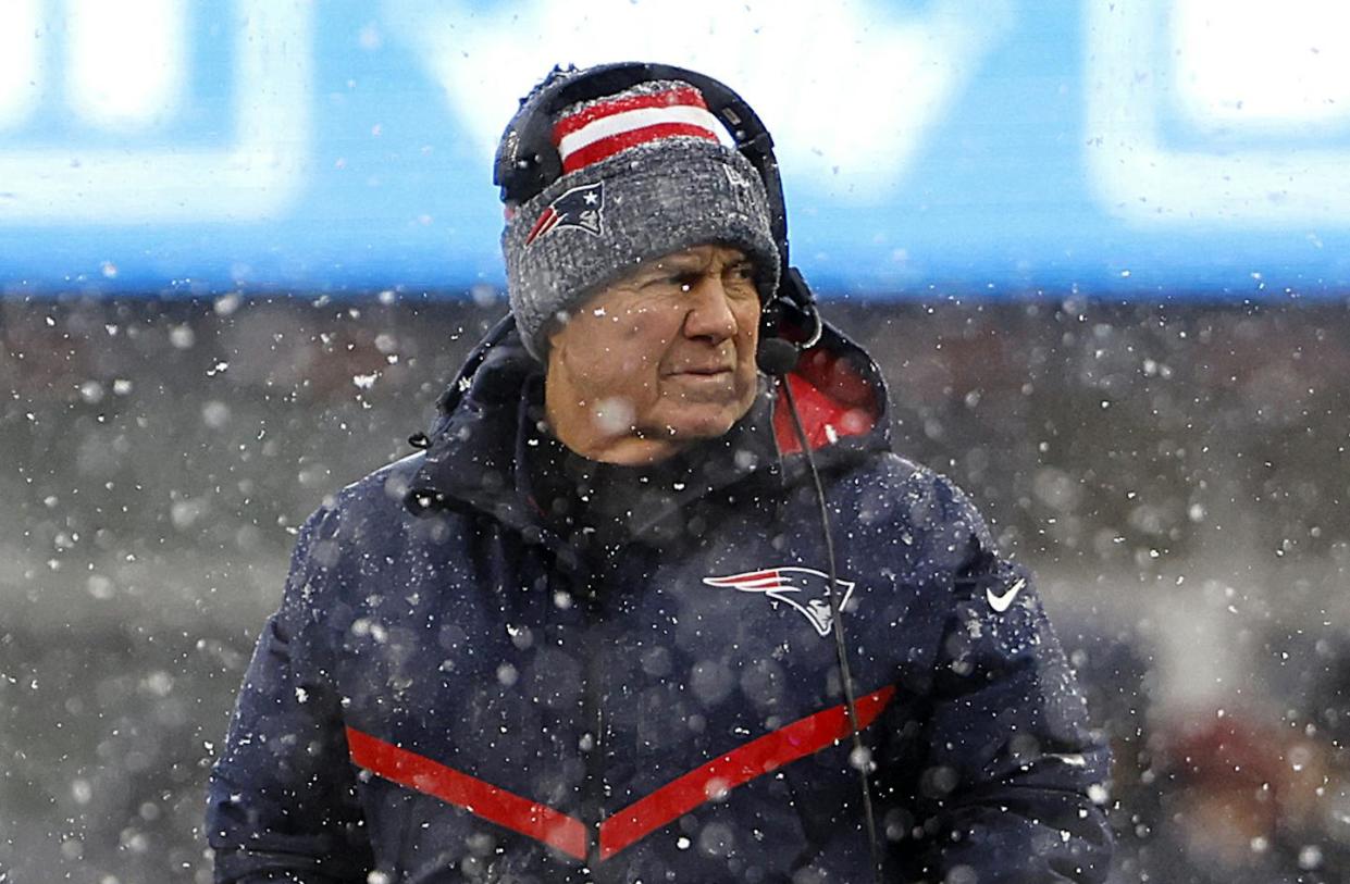 Bill Belichick during his last game as head coach of the New England Patriots. <a href="https://www.gettyimages.com/detail/news-photo/new-england-patriots-head-coach-bill-belichick-looks-on-in-news-photo/1915226241?adppopup=true" rel="nofollow noopener" target="_blank" data-ylk="slk:Winslow Townson/Getty Images;elm:context_link;itc:0;sec:content-canvas" class="link ">Winslow Townson/Getty Images</a>