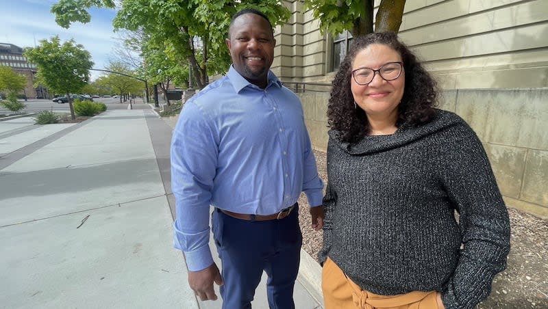 Rod Hall, left, and Cari Bartholomew, photographed Wednesday in Ogden. They are running as Republicans for Utah Board of Education seats.