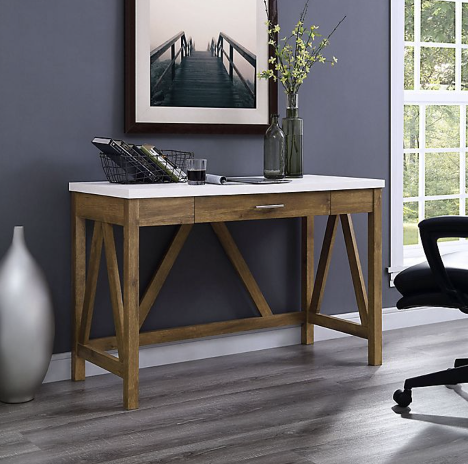 dark wood A-Frame Desk with Faux White Marble Top again navy grey wall