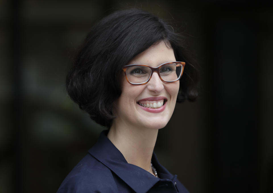 FILE - In this Aug. 27, 2020, file photo, Layla Moran candidate for the new Liberal Democrat Leadership arrives for the announcement in London. Britain's Conservative government is hoping a combination of relatively high vaccination rates and common-sense behavior will keep a lid on coronavirus infections this fall and winter and avoid the need for restrictive measures.“The story of this government in the pandemic is too little, too late,” Moran said. (AP Photo/Kirsty Wigglesworth, File)