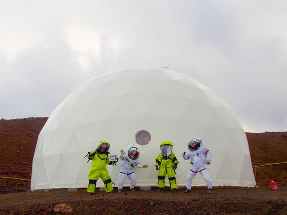 The HI-SEAS 2 mock Mars mission crew poses for a photo during their four-month mission atop Hawaii's Mauna Loa volcano. Pictured here are crewmembers Casey Stedman, Lucie Poulet, Tiffany Swarmer, Ron Williams, Annie Caraccio, and Ross Lockwood.