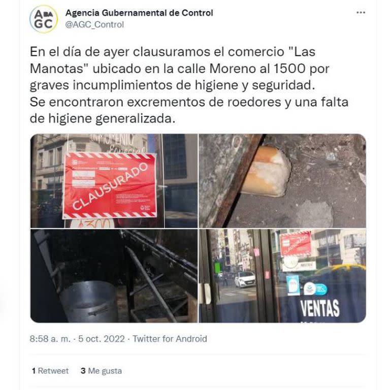 La Agencia Gubernamental de Control clausuró la panadería este martes