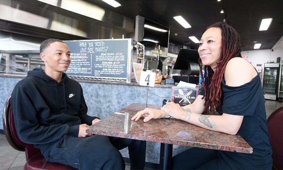 Lauren Days, right, talks about balancing parenting and business with her 16-year-old son Zaire at her restaurant Skillet2Plate Soul Bistro on West Philadelphia Street in York