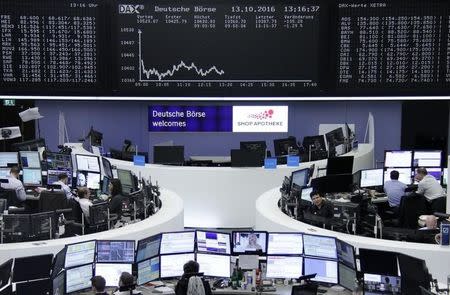 Traders work at their desks in front of the German share price index, DAX board, at the stock exchange in Frankfurt, Germany, October 13, 2016. REUTERS/Staff/Remote