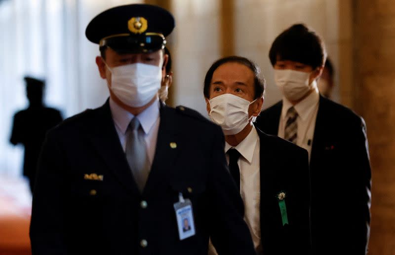 The Japanese government's nominees for the Bank of Japan (BOJ) speak at in the lower house of the parliament in Tokyo