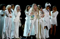 <p>Singers (left to right) Bebe Rexha, Cyndi Lauper, Kesha, Camila Cabello, Andra Day, and Julia Michaels perform onstage during the 60th Annual Grammy Awards at Madison Square Garden on January 28, 2018, in New York City. (Photo: Getty Images) </p>