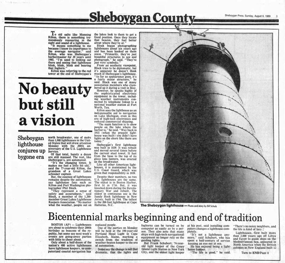 The Sunday August 6, 1989 Sheboygan Press featured an article about the long-standing Sheboygan lighthouse.