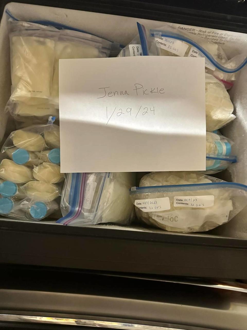 About 300 ounces of frozen breast milk of Fort Worth mother Jenna Pickle is advertised in the Facebook group “Breastmilk buy/sell/donate DFW Texas and surrounding area” on Jan. 29, 2024. Courtesy of Jenna Pickle