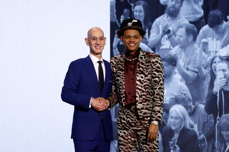 Keyonte George (R) poses with NBA commissioner Adam Silver (L) after being drafted 16th overall pick by the Utah Jazz during the first round of the 2023 NBA Draft at Barclays Center on June 22, 2023 in the Brooklyn borough of New York City.
