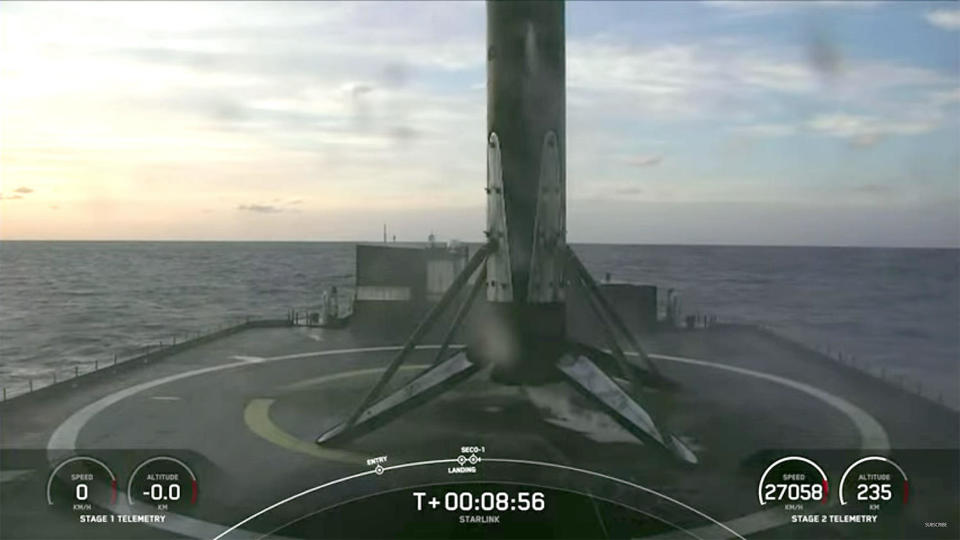 Booster B1058 sticks its 15th re-entry and landing, this one on an off-shore droneship, setting a new record for SpaceX. / Credit: SpaceX