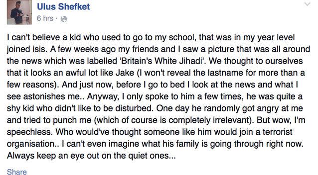 A former classmate of Jake describes his shock at finding out someone he went to school with has joined IS. Photo: Facebook