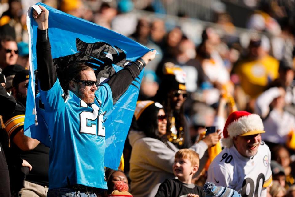 A Carolina Panthers fan cheers in the stands during a game against the Pittsburgh Steelers at Bank of America Stadium in Charlotte, N.C., Sunday, Dec. 18, 2022.