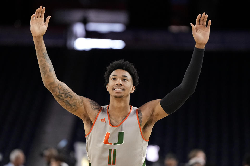 Miami guard Jordan Miller practices for their Final Four college basketball game in the NCAA Tournament on Friday, March 31, 2023, in Houston. Connecticut and Miami play on Saturday. (AP Photo/Brynn Anderson)
