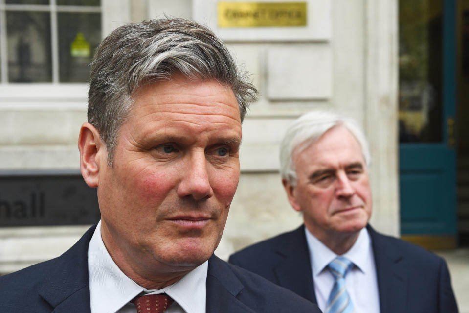 Shadow Brexit secretary Sir Keir Starmer, left, and shadow chancellor John McDonnell leave the Cabinet Office after the latest round of Brexit talks (Picture: PA)