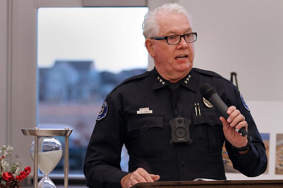 Timnath Police Chief Terry Jones addresses town employees and community members, along with media, during the grand opening of Timnath’s new police station on Thursday.