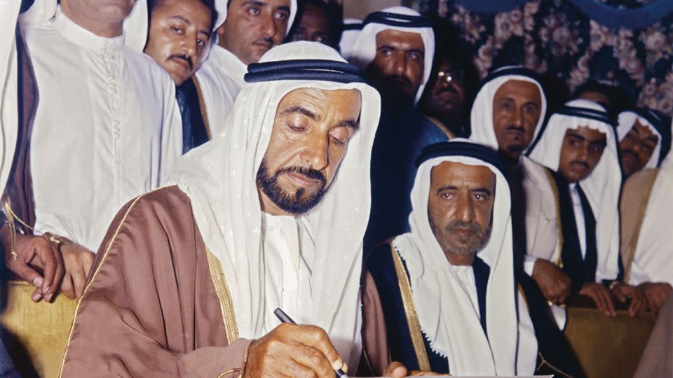 Sheikh Zayed Bin Sultan Al Nahyan, the late emir of Abu Dhabi, signing the agreement to form the UAE’ on December 2, 1971. - Ramesh Shukla