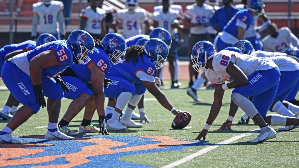 Savannah State's offensive line is ready for action against the Tiger defensive line during the SSU Spring scrimmage Saturday.