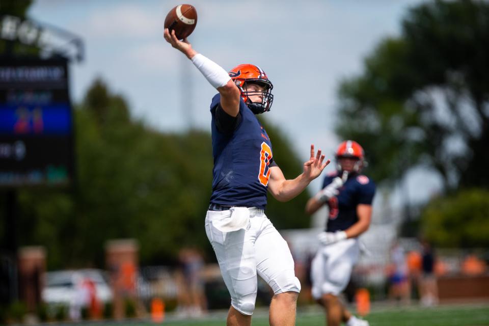 Hope's Zach Trainor throws the ball to the endzone Saturday, Sept. 9, 2023, at Hope's Ray and Sue Smith Stadium.