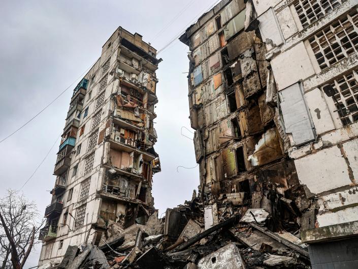 A building damaged during fighting is seen in Mariupol, Ukraine, on April 13, 2022.