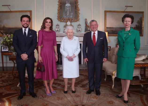 Queen Elizabeth II, Crown Prince Hussein of Jordan, Queen Rania and King Abdullah II, and Princess Anne during a private audience at Buckingham Palace in 2019. (Photo: YUI MOK via Getty Images)