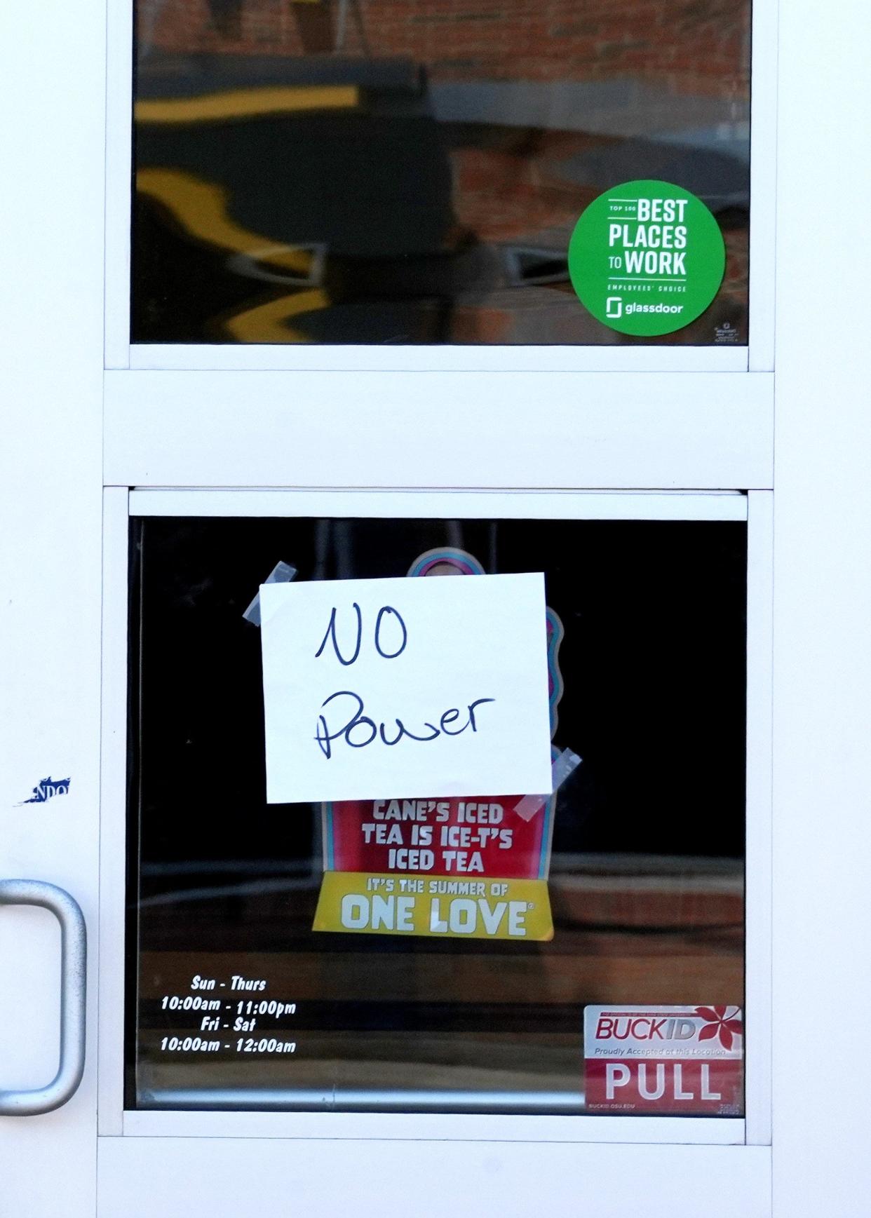 The area around Riverside Methodist Hospital on Olentangy River Road, which includes this Raising Cane's Chicken Fingers restaurant, was one of the hardest hit by this week's power outages.