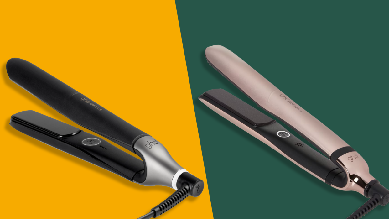  GHD Chronos and GHD Platinum Plus on a colored background. 