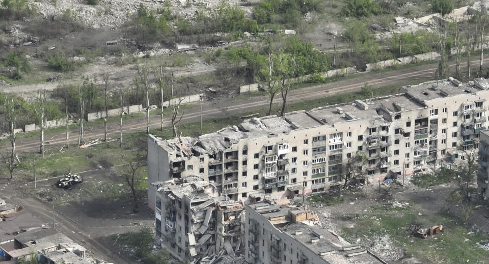 This photo taken from a drone video provided by Ukraine Patrol Police, shows devastation in Chasiv Yar, an eastern Ukrainian city Russia is assaulting, Ukraine, Monday, April 29, 2024. The footage shows the community of Chasiv Yar - which is set amid green fields and woodland - reduced to a skeletal ghost town with few residents left. The apocalyptic scene is reminiscent of the cities of Bakhmut and Avdiivka, which Ukraine yielded after months of bombardment and huge losses for the Kremlin’s forces. (Ukraine Patrol Police via AP)
