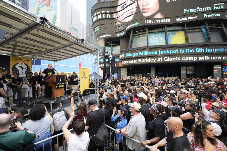 Actor Steve Buscemi speaks during the SAG-AFTRA "Rock the City for a Fair Contract" rally in Times Square on Tuesday, July 25, 2023, in New York. The actors strike comes more than two months after screenwriters began striking in their bid to get better pay and working conditions. (Photo by Charles Sykes/Invision/AP)