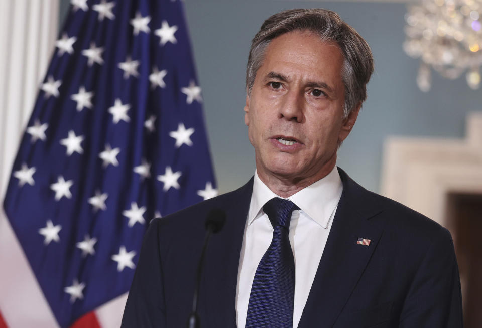 Secretary of State Antony Blinken speaks about Afghanistan, at the State Department in Washington, Monday, Aug. 30, 2021. (Jonathan Ernst/Pool via AP)