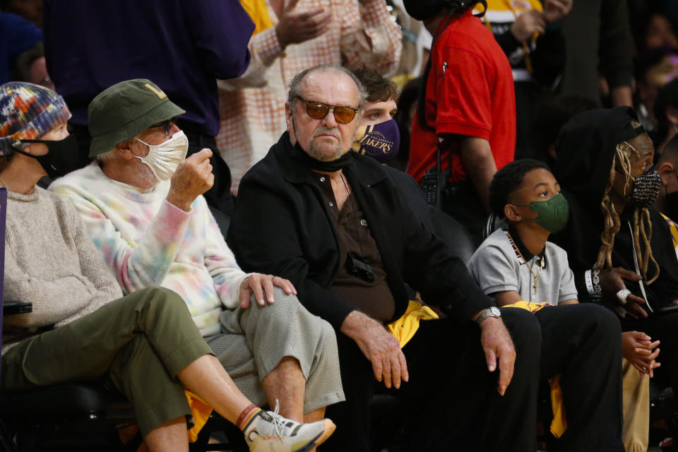 Jack Nicholson attends an NBA basketball game between the Golden State Warriors and the Los Angeles Lakers in Los Angeles, Tuesday, Oct. 19, 2021. (AP Photo/Ringo H.W. Chiu)