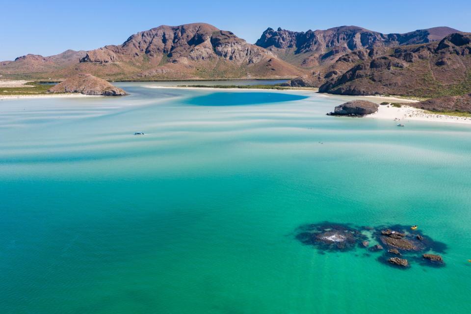 Day time aerial view of Playa Balandra, an iconic beach in La Paz, Baja California Sur, Mexico.