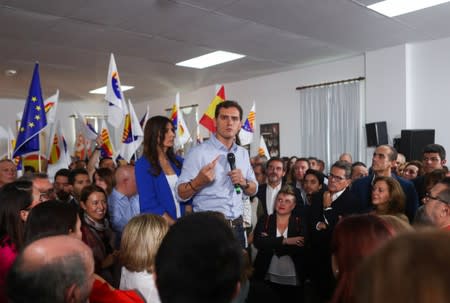 Ciudadanos party leader Albert Rivera speaks to supporters at the Saudade centre in Barcelona