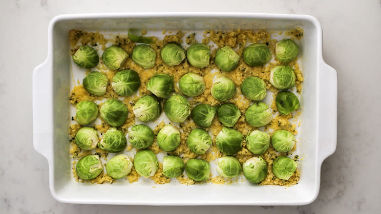 brussels sprouts in baking dish 
