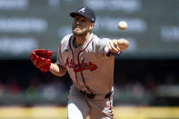 Atlanta Braves pitcher Chris Sale throws to a Seattle Mariners' batter during the second inning of a baseball game, Wednesday, May 1, 2024, in Seattle. (AP Photo/John Froschauer)