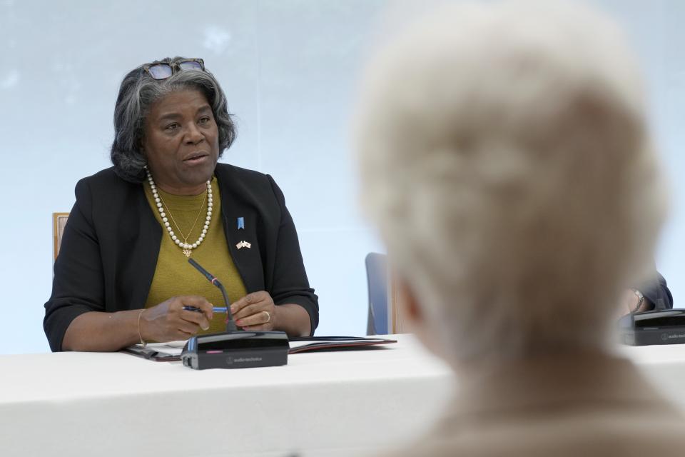 U.S. Ambassador to United Nations Linda Thomas-Greenfield meets with the families of abduction victims by North Korea Thursday, April 18, 2024, at prime minister's office in Tokyo in Tokyo. (AP Photo/Eugene Hoshiko, Pool)