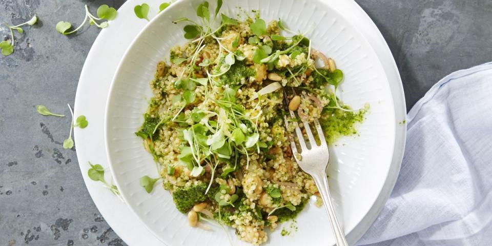 <p>Swap out rice for <a href="https://www.delish.com/cooking/recipe-ideas/g40545542/quinoa-recipes/" rel="nofollow noopener" target="_blank" data-ylk="slk:quinoa;elm:context_link;itc:0;sec:content-canvas" class="link ">quinoa</a> in this protein-packed riff on <a href="https://www.delish.com/cooking/g1830/perfect-risotto-recipes/" rel="nofollow noopener" target="_blank" data-ylk="slk:risotto;elm:context_link;itc:0;sec:content-canvas" class="link ">risotto</a>. If you've only experienced <a href="https://www.delish.com/cooking/recipe-ideas/g3341/pesto-recipes/" rel="nofollow noopener" target="_blank" data-ylk="slk:pesto;elm:context_link;itc:0;sec:content-canvas" class="link ">pesto</a> made with <a href="https://www.delish.com/cooking/recipe-ideas/g40396015/fresh-basil-recipes/" rel="nofollow noopener" target="_blank" data-ylk="slk:basil;elm:context_link;itc:0;sec:content-canvas" class="link ">basil</a>, you're in for a treat—mint + arugula make a wonderfully, springy pair.</p><p>Get the Quinoa Risotto With Arugula-Mint Pesto recipe from <a href="https://www.goodhousekeeping.com/food-recipes/a38348/quinoa-risotto-with-arugula-mint-pesto-recipe/" rel="nofollow noopener" target="_blank" data-ylk="slk:Good Housekeeping;elm:context_link;itc:0;sec:content-canvas" class="link ">Good Housekeeping</a>.</p>