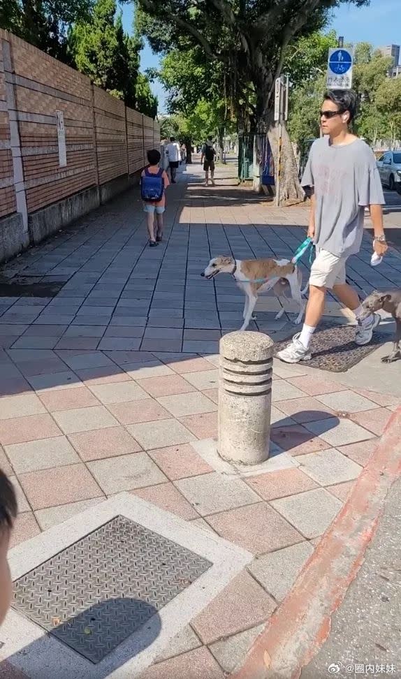 韓國媽媽正拍兒子，彭于晏遛著狗不小心入鏡。（圖／翻攝自微博）