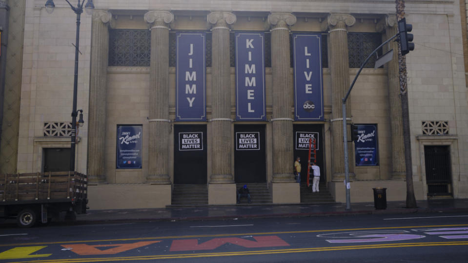 Hollywood Blvd is boarded up in preparation of election day unrest on November 3, 2020 in Los Angeles, California.