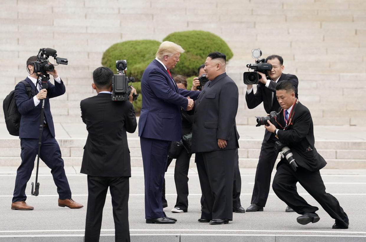 President Donald Trump meets with North Korean leader Kim Jong Un at the demilitarized zone separating the two Koreas, June 30, 2019. (Kevin Lamarque/Reuters)