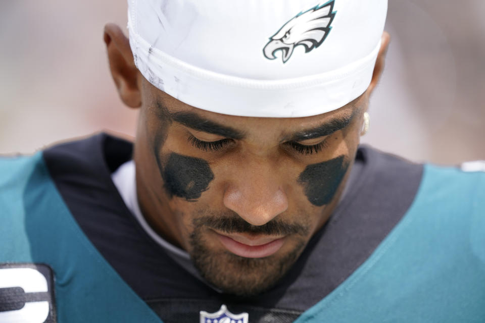 Philadelphia Eagles quarterback Jalen Hurts (1) before the start of an NFL football game against the Washington Commanders, Sunday, Sept. 25, 2022, in Landover, Md. (AP Photo/Alex Brandon)