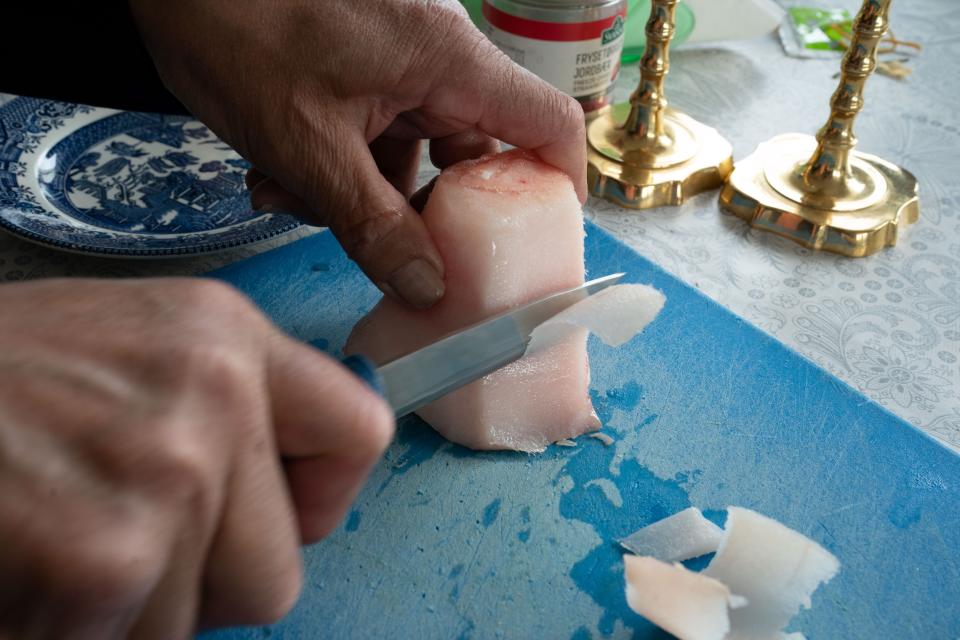 Minke whale, sliced thin and served by Vittus Henson at a traditional gathering called a kaffemik.