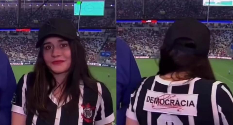 Alessandra Negrini em transmiss&#xe3;o de jogo de futebol. Foto: Reprodu&#xe7;&#xe3;o/TV Globo