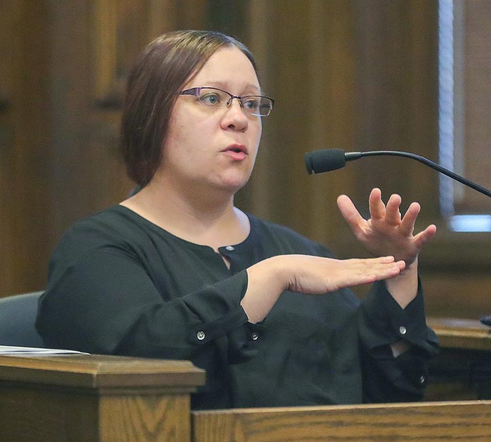 Psychologist Sylvia O'Bradovich testifies in Summit County Common Pleas Court during a recent competency hearing for Kahlyl Powe, who is charged in the shooting death of a Lyft driver. O'Bradovich found that Powe was incompetent to stand trial, but two other evaluations found him to be competent.