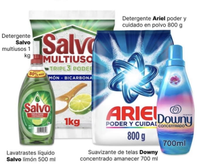 Combo detergente Salvo 1 kg + Lavatrastes Salvo 500 ml + Detergente Ariel 800 gr + Suavizante Downy 700 ml